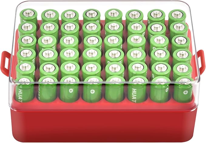 ALCYON Battery Organizer Storage Case, Small Battery Vault Box Container for 48pcs AA Batteries, Plastic Clear Protective Battery Holder for Travelling/Home/Office (Red, Large)