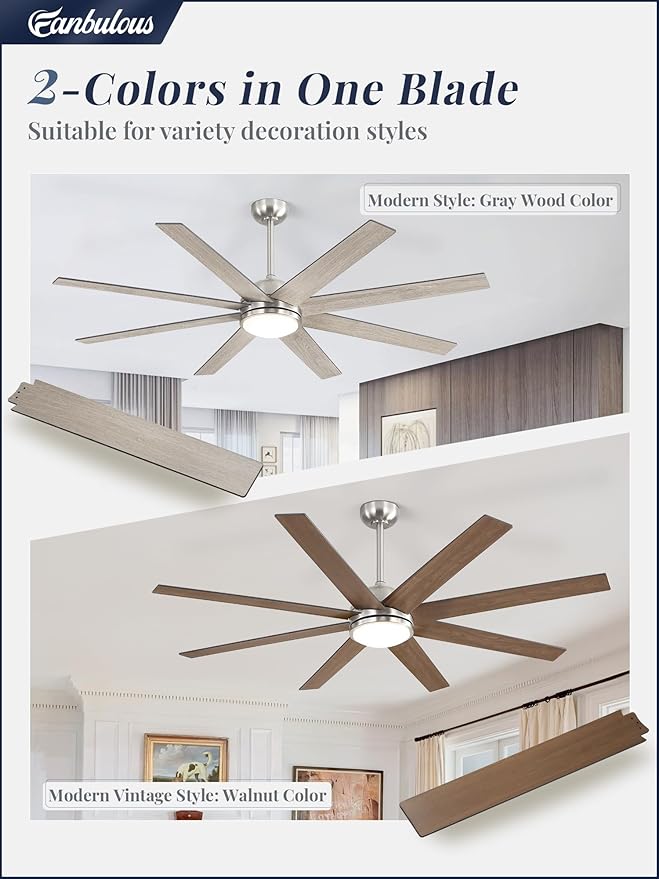 65 Inch Ceiling Fans with Lights and Remote, Brush Nickel Indoor/Outdoor Ceiling Fan with Quiet Reversible DC Motor, 6 Speeds, 3CCT, 8 Blades Large Ceiling Fan for Living Room Bedroom Patio