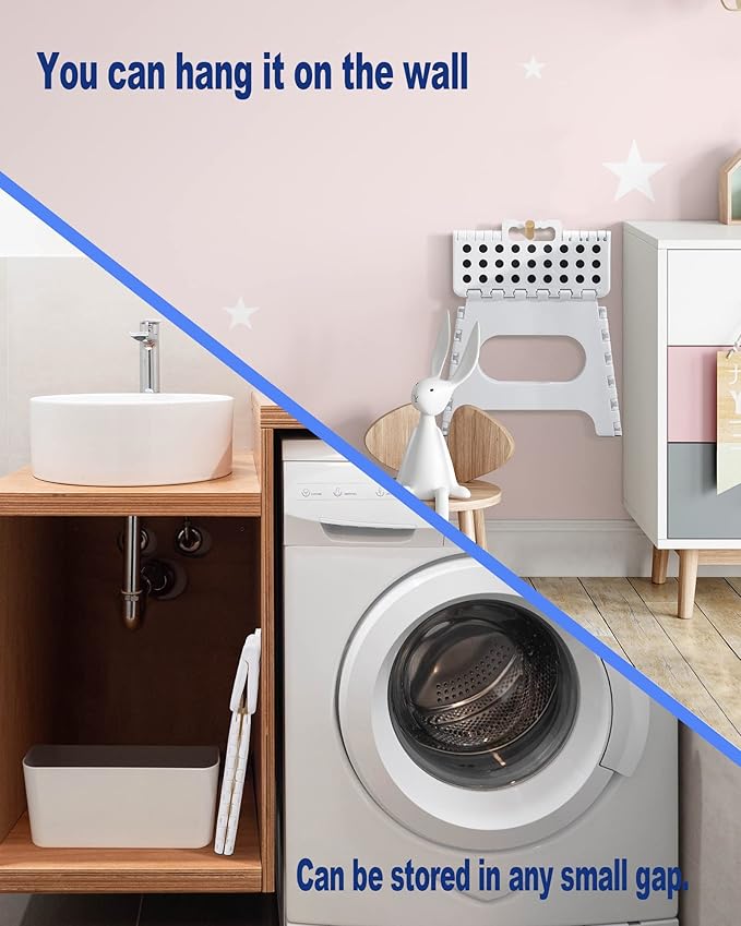 ACKO Folding Step Stool Foldable Step Stools for Kids, 11 Inch Foot Stool Black Plastic Step Stool with Portable Handle Small Stool Hold up to 300lbs for Bathroom, Kitchen White