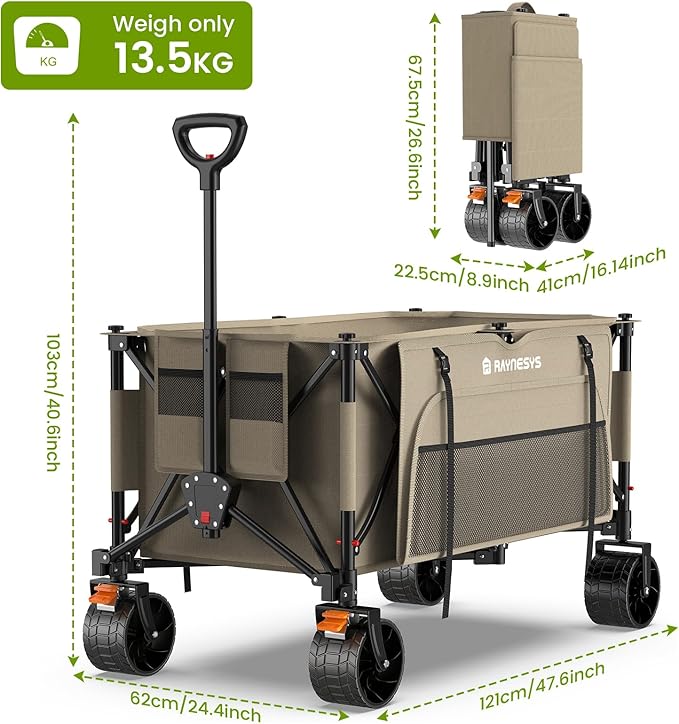 Collapsible Wagon Cart with Wheels, Foldable 440lbs 300L Heavy Duty Folding Wagon for Sports, Beach, Grocery, Camping, Coffee Brown - Upgraded Effortless Elegance