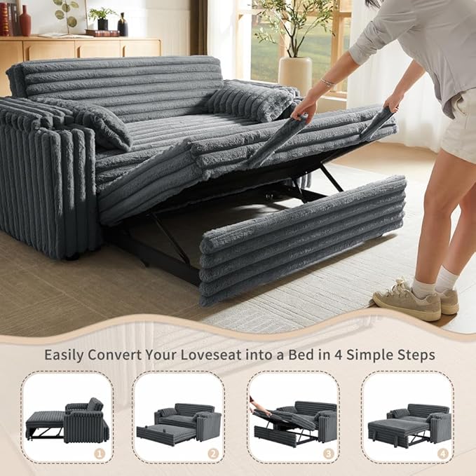 68" Corduroy Convertible Sofa Bed with USB, Storage Armrests & Pillows – 3-in-1 Foldable Sleeper Chair Floor Couch for Living Room, Bedroom, Guest Room (ZY-1109-Dark Gray)