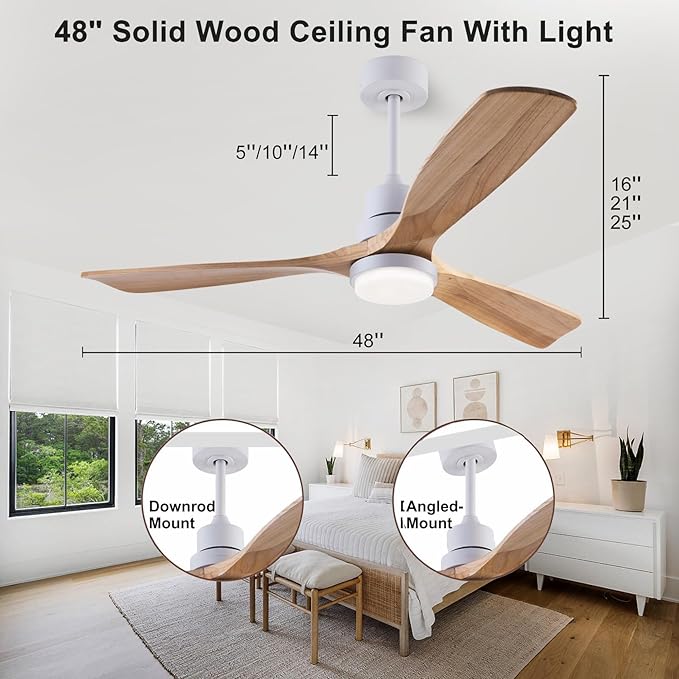 48" Wood Ceiling Fan with Light and Remote Control, Indoor Outdoor Wooden 3 Blades Ceiling Fan for Patio Living Room, Bedroom, Office,Reversible DC Motor(White + Raw wood)