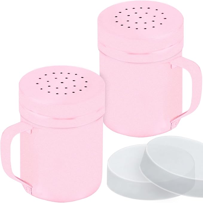 CUSINIUM 6oz Pink Stainless Steel Salt Pepper Dredge Shakers - With Plastic Cap - With Handle - Pack of 2