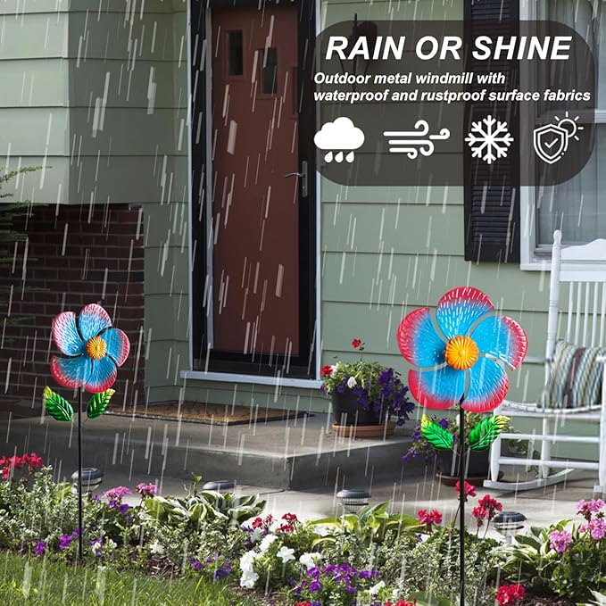 Garden Wind Spinners & Metal Wind Sculptures - Outdoor Windmill Decor with Vibrant Red & Blue, Yard Art for Patio Lawn Garden Ornament, Dynamic Wind Spinner Sculpture for Landscape Decor