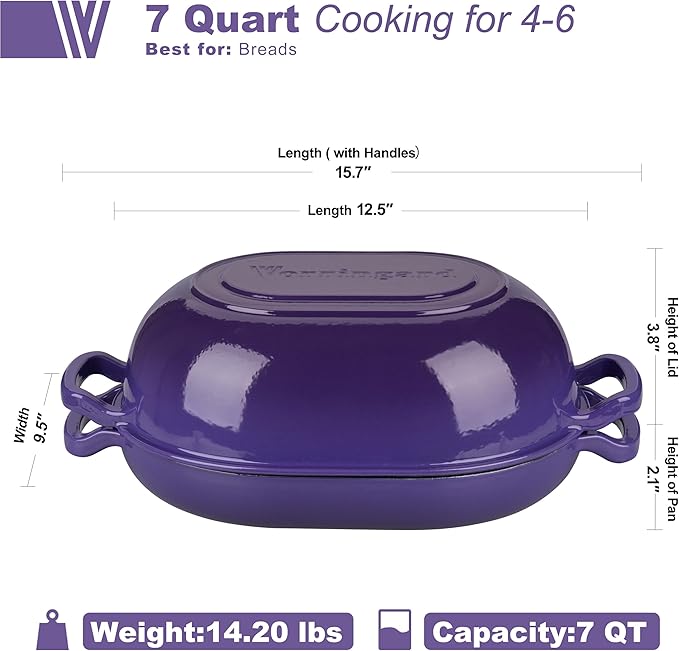 Enameled Cast Iron Sourdough Bread Oven, Dutch Oven, Loaf Cast Iron Bread Pan for Homemade Bread Baking, Meatloaf Pan with Lid, 7QT, Purple
