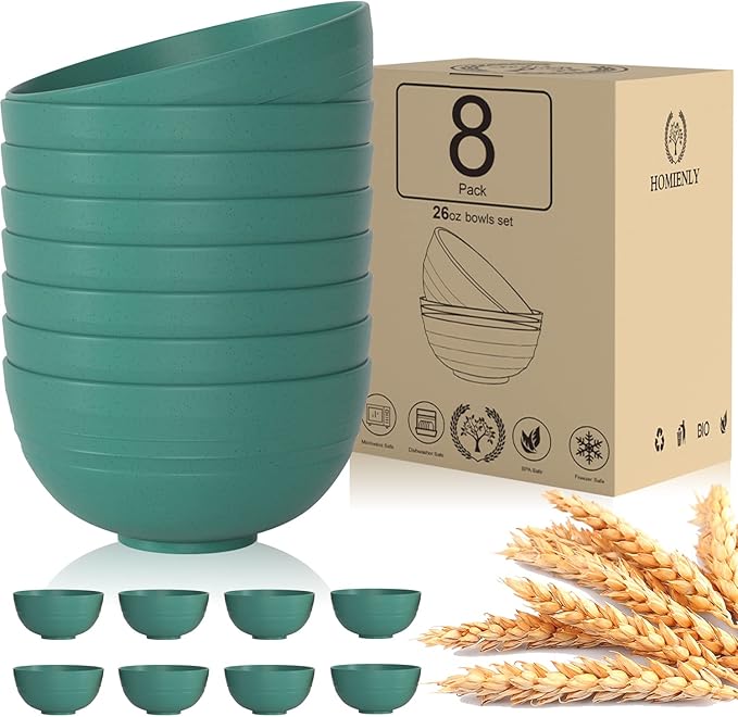 Homienly Wheat Straw Cereal Bowls 26 OZ, Microwave and Dishwasher Safe Wheat Straw Bowls, Alternative to Plastic Bowls Reusable, Unbreakable Bowl for Serving, Snack, Dinner, Soup(Green, 26 OZ)