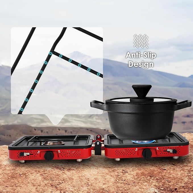 2 Burner Camping Stove with Carrying Bag, Foldable Propane Camp Stove with 17,200 BTU for Camping, Outdoor Cooking, Portable Gas Stove with Adjustable Burner for Tailgating, Backyard BBQ,Red