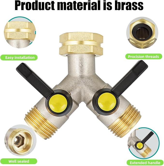 EJW Garden Hose Splitter 2-Way Heavy Duty, Y-Valve Garden Hose Faucet Splitter, 3/4” GHT Threads,Outdoor Faucet Splitter，Brass High Flow, Garden Hose Y-Splitter 2-Way,Y-Valve Full Flow Hose Splitter.