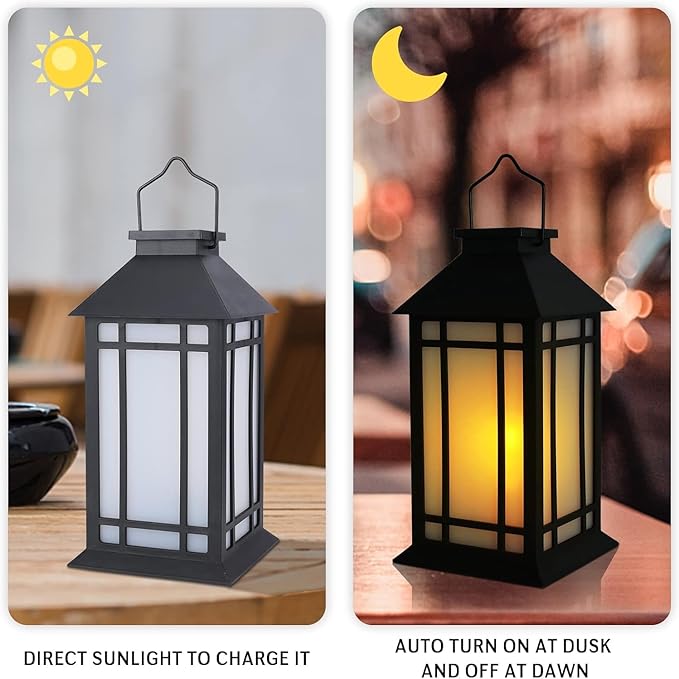 Solar Lantern Outdoor Garden Hanging Lights 11" Waterproof LED Vintage Flickering Flameless Lanterns for Patio, Table, Party, Garden, Yard, Lawn