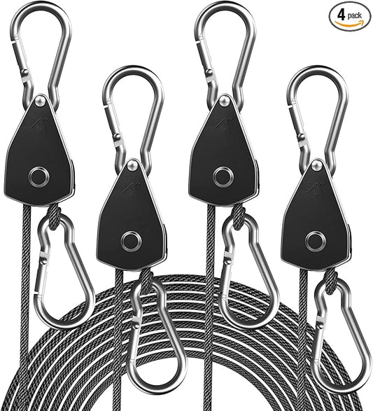 4-Pack 1/8" Adjustable Rope Hanger, Heavy Duty Ratchet Tie Down Strap with Reinforced Metal Gear, Ratcheting Pulley System Kayak Straps for Hanging Plants Grow Light and Various Tie-Down Uses
