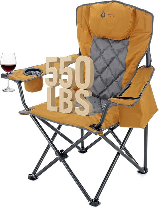 ARROWHEAD OUTDOOR Portable Folding Camping Quad Chair w/ 6-Can Cooler, Cup & Wine Glass Holders, Heavy-Duty Carrying Bag, Padded Armrests, Headrest & Seat, Supports up to 550lbs, USA-Based Support
