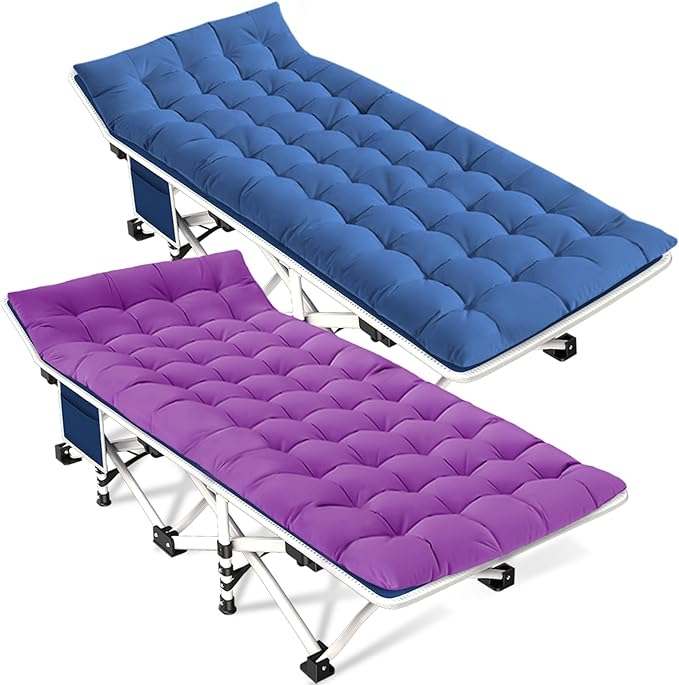 Camping Cot with Comfortable Mattress 2 Pack Blue and Purple Cots for Sleeping Camping Bed Folding Cot Guest Bed Easy to Setup Sturdy with Carry Bag for Indoor Outdoor
