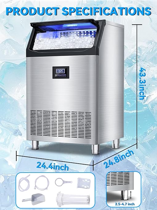 Commercial Ice Maker Machine, 300 Lbs/24H with 115 Lbs Storage Bin, Stainless Steel Freestanding/Under Counter Large Ice Maker with Self-Cleaning for Home, Restaurant, Bar, Cafe