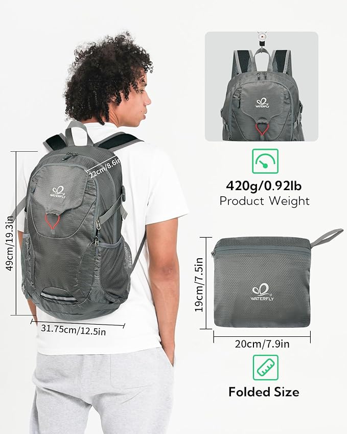 WATERFLY Lightweight Packable Hiking Backpack: 30L Foldable Travel Daypack Ultralight Camping Day Pack for Woman Man