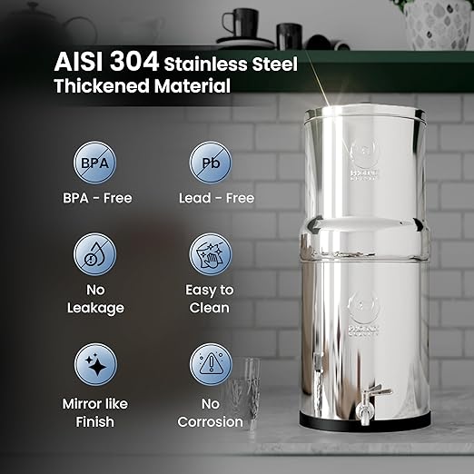 1.5 Gallons NSF Certified AISI 304 Stainless Steel Water Filter with 2 Smart Carbon (Black) Filters, 2 POSTreat Steel Fluoride Removal Elements, Free Water Spigot & Teak Wood Stand