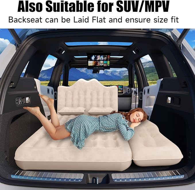 Car Air Mattress, Inflatable SUV Truck Air Mattress Back Seat Camping Bed Thickened Car Sleeping Pad for Travel, Car Bed SUV Mattress with Air Pump 2 Pillows