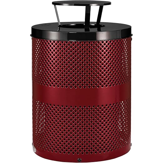 Global Industrial 32 Gallon Outdoor Perforated Steel Round Trash Can with Rain Bonnet Lid, Plastic Liner and Anchor Kit Included, 23-1/2" Diameter x 40-1/2"H, Red