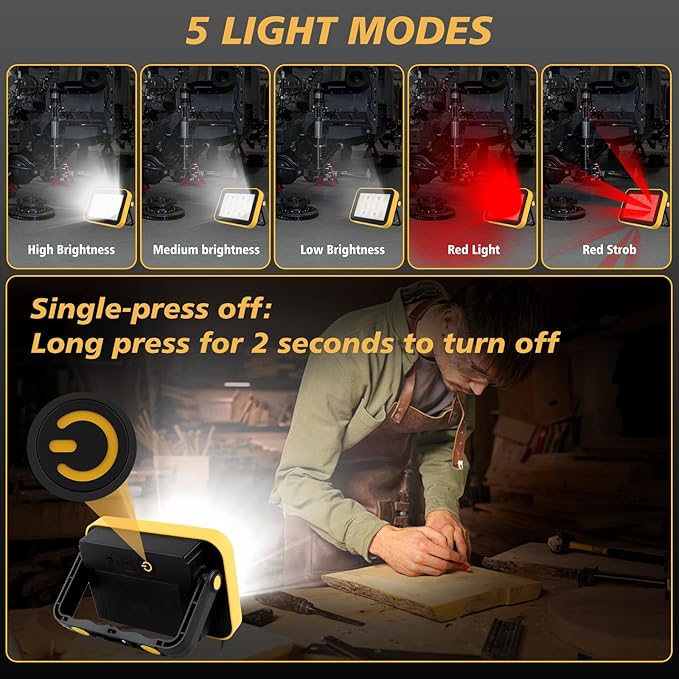 2-Pack Rechargeable Work Lights, COB Outdoor Portable LED Flood Light, Battery Operated Work Lights with Stand, Waterproof Working Light for Job Site Garage Camping Car Repair