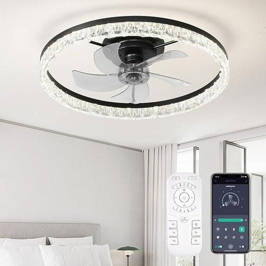 Ceiling Fans with Lights, 24 Inch Ceiling Fan with Light and Remote, Low Profile Reversible Fandelier Ceiling Fan, Dimmable LED, Flush Mount, Low Noise DC Motor, for Bedroom, Kitchen, Office