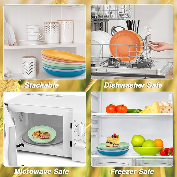 10 Inch Wheat Straw Dinner Plates Set of 8, Unbreakable Plastic Reusable Plates for Kitchen, Camping, Lightweight Deep Dinnerware Plate Set, Dishwasher and Microwave Safe Plates, Non-Toxic, BPA Free