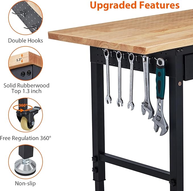60" Work Bench, Heavy Duty Adjustable Height Table with Power Outlets, Portable Garage & Workshop Work Bench, 2000 LBS Capacity, Office, Home Use, Easy Assembly, Multipurpose Utility Table