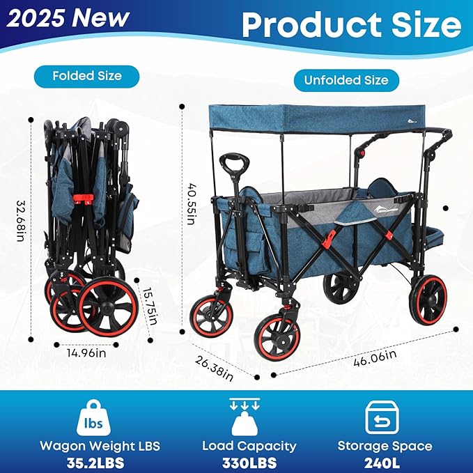 Collapsible Canopy Wagon, Foldable Wagon Stroller with 330LBS, Heavy Duty Cart with Shock-Absorbing Wheels, Adjustable Push Pulling Handles for Camping, Garden, Sports, Shopping, Blue