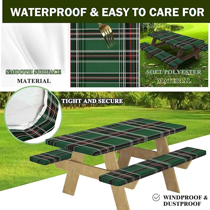 CAPSCEOLL Elastic Picnic Table Cover with Bench Covers 5Ft Waterproof Fitted Picnic Table Cover Cloths for Outdoors Camping Tablecloth with Drawstring Bag, 60X30in, Christmas Green Buffalo Plaid