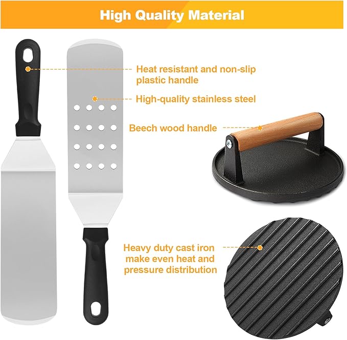 Griddle Accessories Kit, Terlulu 29 PCS Flat Top Grill Accessories for Blackstone and Camp Chef, Metal Spatula Set with Burger Press, Melting Dome, Scraper, Tongs, Carry Bag for Outdoor Grilling BBQ