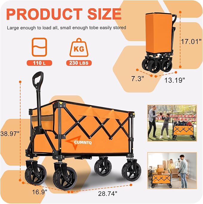 Collapsible Wagon Cart with Wheels, Heavy DutyFoldable Wagon Cart with 230lbs Weight Capacity, UtilityBeach Wagons Portable for Outdoor, Grocery, Camping,Shopping, Orange