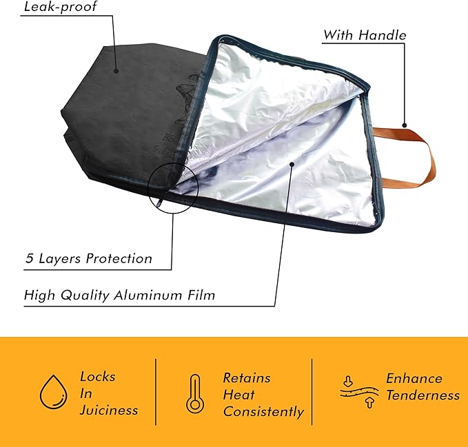 BBQ Blanket for Resting Meat, 5-Layer Insulated Meat Resting Bag for Moisture Retention and Perfect BBQ, Wide Mouth with Handle Design for Briskets, Pork Shoulders, Steaks (Black, 21 Inch)