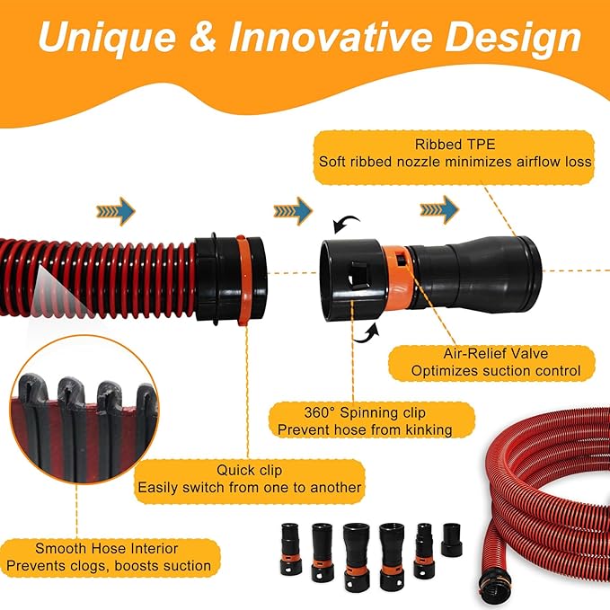 16FT Shop Vac Hose, Dust Collection Hose Kit for Home&Shop Vacuums System with 6 Adapters for Woodworking Power Tool & Sander, Compatible with festool/dewalt/bosch/ryobi/makita, etc Most Multi-Brands