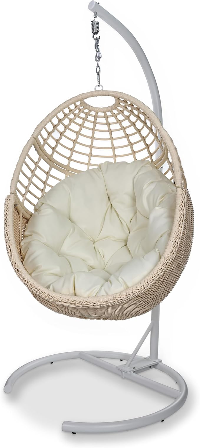 Egg Swing Chair with Stand: Hand Woven PE Rattan Hanging Chairs Hammock - Indoor Outdoor Swinging Lounger with Soft Cushion for 330lbs Patio Balcony Garden Living Room Bedroom Porch, Beige
