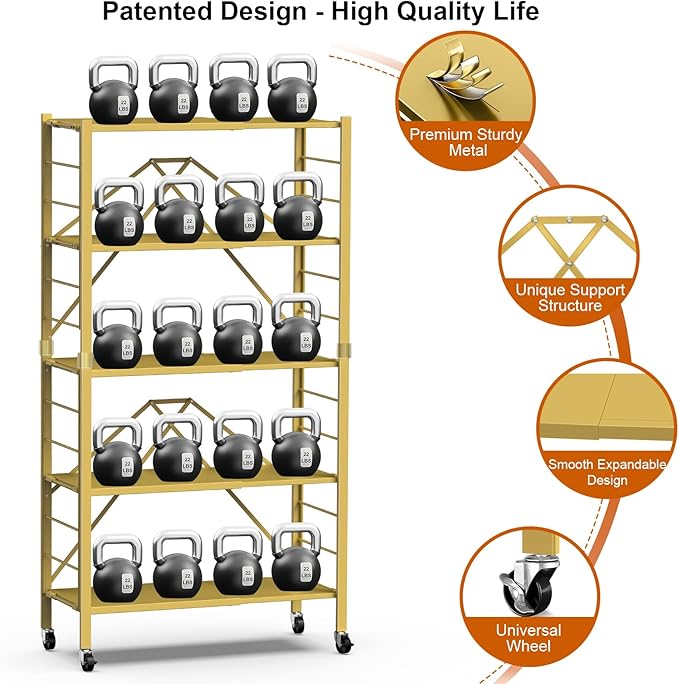 5 Tier Foldable Storage Shelves, Expandable Folding Shelving Units with Wheels, Changeable into 2 Shelf Units, Collapsible Adjustable Storage Rack Metal Shelves for Storage, Pantry, Garage, Gold