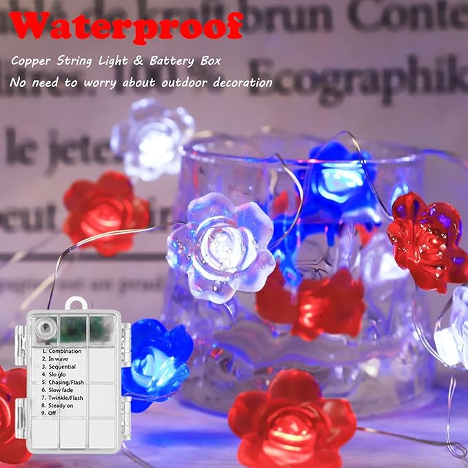 4th of July Decorations Rose Fairy Lights, 30 LED Red White Blue Rose String Lights with Remote Control Patriotic Lights for Memorial Day, Independence Day, Christmas Decor (Rose)