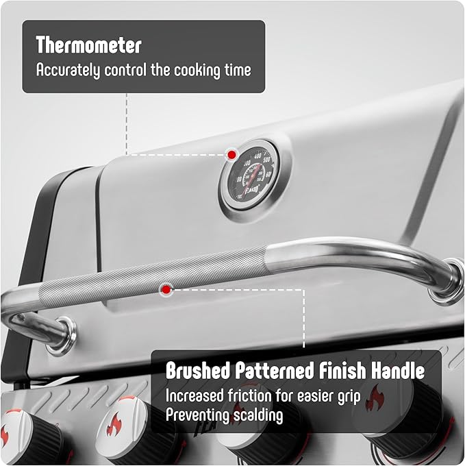 4-Burner Propane Gas Grill with Side Burner&Table, Outdoor BBQ Grill with Porcelain-Enamel Cast Iron Grates for Patio, 48,000 BTU Output Propane Grills for Outdoor Cooking, Stainless Steel