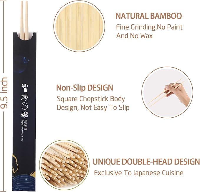 100 pairs Disposable Bamboo Chopsticks, 9.5 Inch Japanese Style Double Pointed Sleeved and Separated Chop sticks for Sushi & Asian Dishes