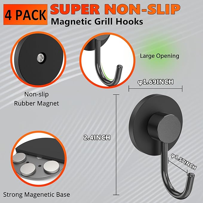 4 Pack Magnetic Grill Hooks, Magnet Hooks for Grills for Utensils, Strong Magnetic Hook for Barbecue Tool, Outdoor Hanging, Refrigerator, Grill, Kitchen