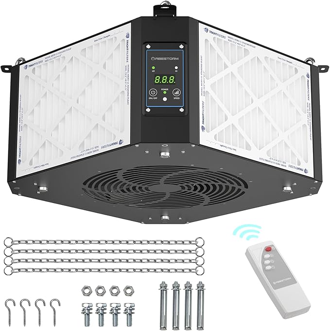 ABESTORM 360 Degree Intake Air Filtration System Woodworking 1350 CFM Hanging Air Filter with Strong Vortex Fan for Wood Workshop, Garage, Shop Dust Collectors, Up to 1700 sq. ft, DecDust 1350