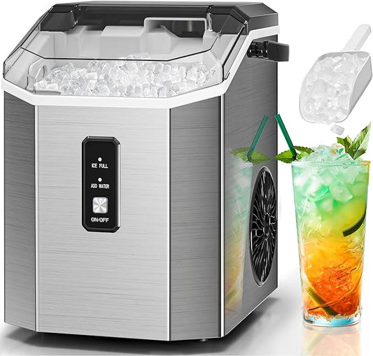 Antarctic Star Nugget Ice Makers Countertop with Self-Cleaning, 35lbs/24H, Portable Sonic Ice Maker Machine with Handle/Basket/Scoop for Home, Kitchen, Office, Camping(Stainless Steel Silver)
