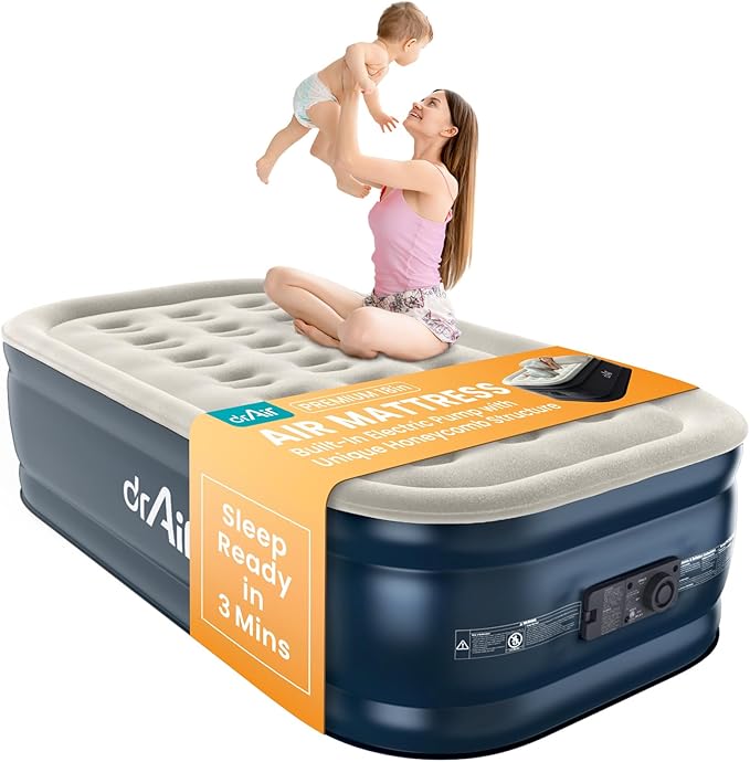 Twin Air Mattress, 18” Raised Inflatable Bed with Built-in Pump, Waterproof Velvety Top, Ergonomic Design, Reinforced Support, and Carry Bag for Home, Camping, and Guests