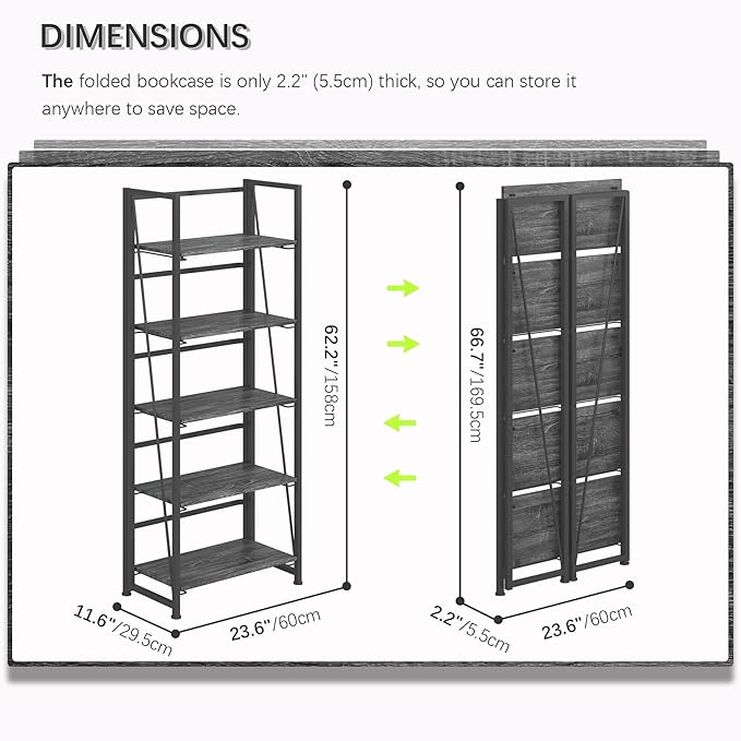 4NM No Assembly Folding Bookshelf, 5-Shelf 62.2" H Collapsible Foldable Bookcase Storage for Small Spaces, Gray and Black
