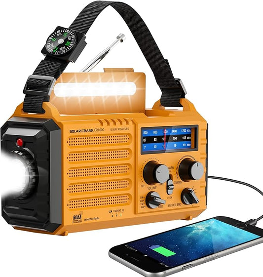 Emergency Radio with NOAA Weather Alert– 5000mAh Solar Hand Crank Portable AM/FM Shortwave Radio, Rechargeable Battery, USB Charger, Flashlight, SOS Alarm for Home Outdoor Hurricane Survival