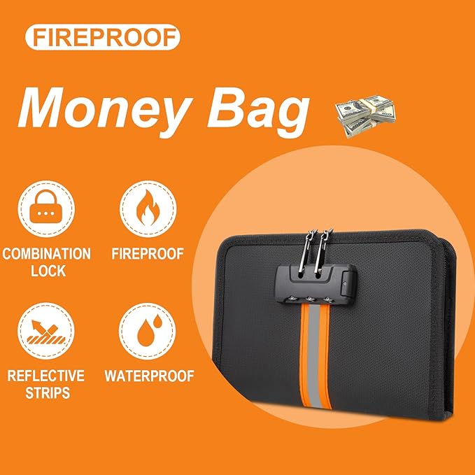 Fireproof Money Bag,Money Bag with Lock and Zipper,Safe Fireproof Waterproof,Suitable for Cash, Mobile Phones, Keys, Credit Cards