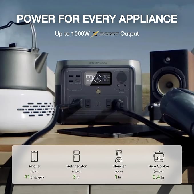 EF ECOFLOW Portable Power Station River 2 Max 500, 499Wh LiFePO4 Battery/ 1 Hour Fast Charging, Up to 1000W Output Solar Generator (Solar Panel Optional) for Outdoor Camping/RVs/Home Use