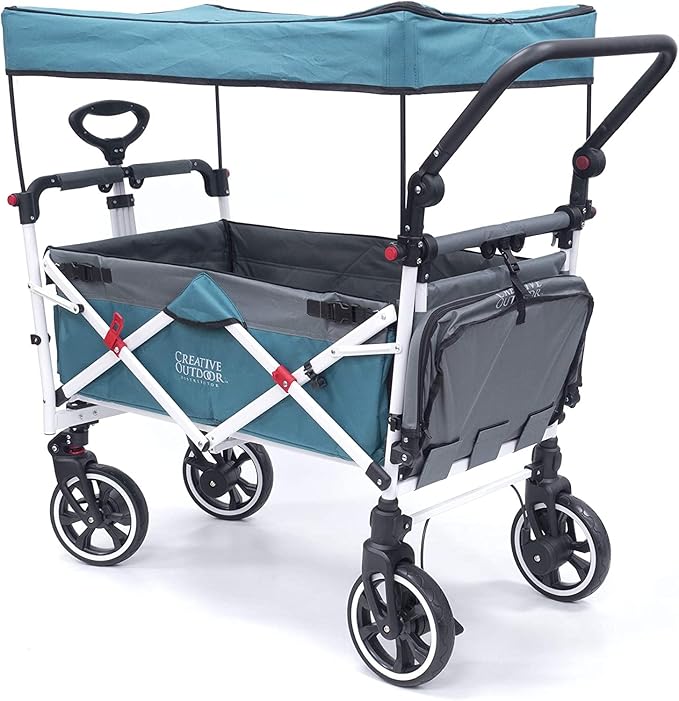 Creative Outdoor Wagon for Kids Push Pull Collapsible Stroller with Canopy Folding Cart for Beach, Park, Garden (Teal & Grey)