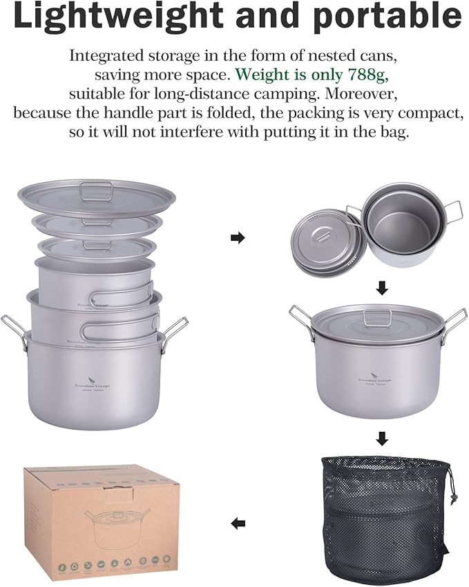 iBasingo 2.4L Titanium Soup Pot with Lid Camping Cookware with Foldable Handle Portable Lightweight Outdoor Kitchen Cooking Kit for Backpacking Hiking Picnic Fishing Mountaineering Ti2108C