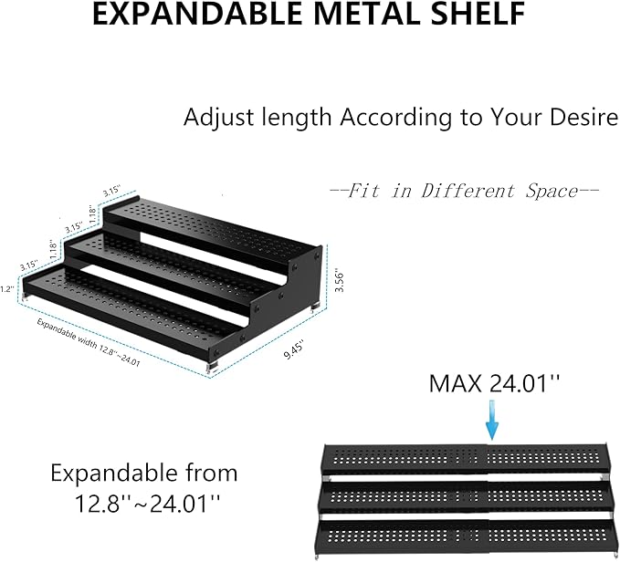 Expandable Spice Rack organizer with 3-Tier step shelf,Modern Design heavy duty,Non Skid and Visibility ,Great for Kitchen Cabinet,Bathroom,dressing table,Cupboard, Pantry and more(1PACK/GUN-GREY)