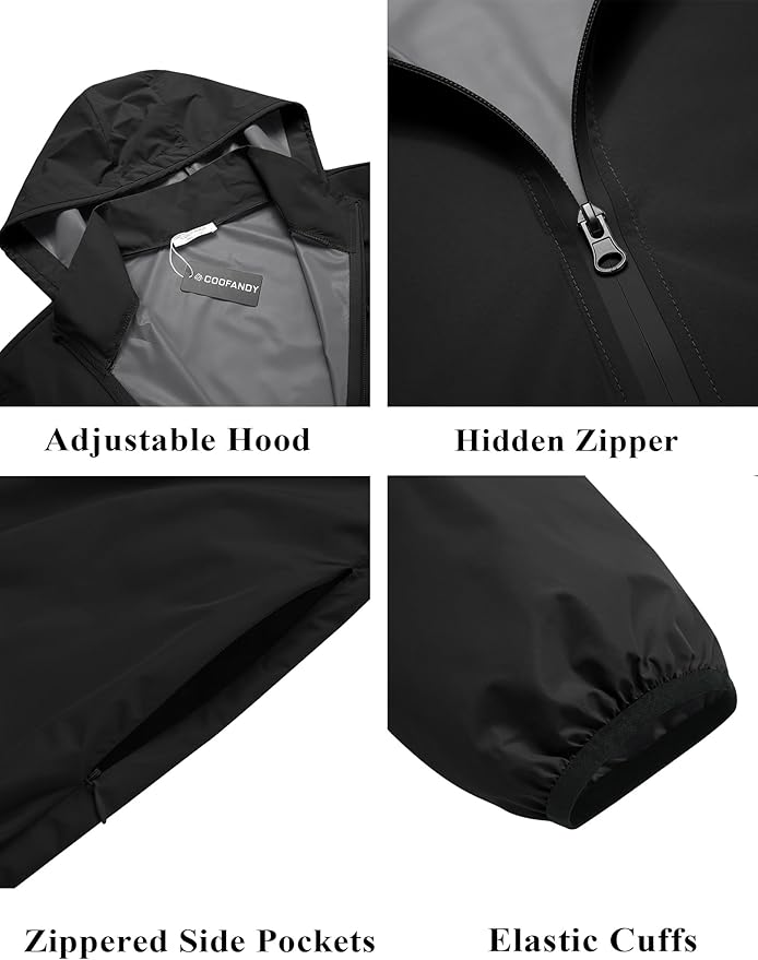 COOFANDY Men's Packable Rain Jacket Lightweight Waterproof Raincoat with Hood Travel Hiking Golf Windbreaker