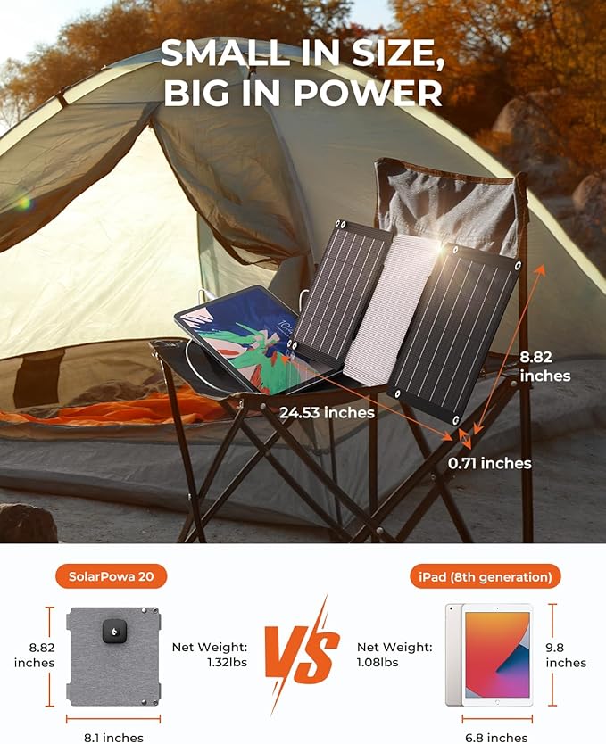 21W Solar Panel Charger BigBlue SolarPowa 20 Portable Solar Charger with USB-A/USB-C Ports, IP68 Waterproof, High-Efficiency Lightweight Foldable Solar Panels for Phones, Tablets, Camping, Backpacking