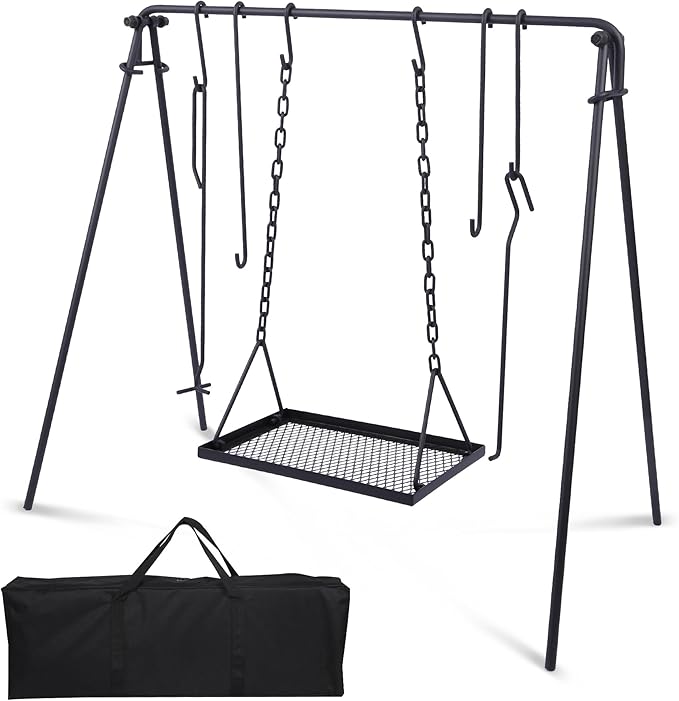 Lineslife Grill Swing Hanging Campfire Cooking Stand with Adjustable Iron Grill Grate, Collapsible Campfire Cooking Rack with Hooks and Accessories for BBQ Picnic, Outdoor Camping Cookware, Dutch Oven